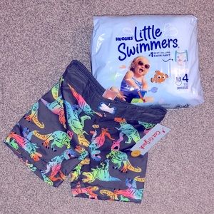 NWT 18M Neon Dino Swim Trunks & Huggies Little Swimmers Sealed New 18XSize 4